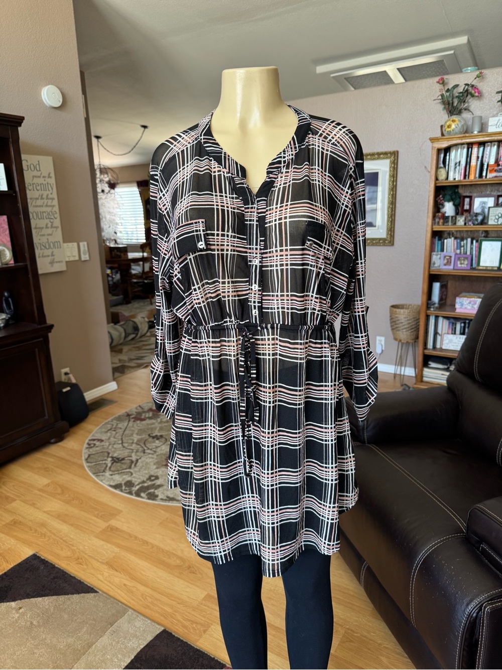 Siren Lily black, tan & white plaid V-neck drawstring waist tunic-XL